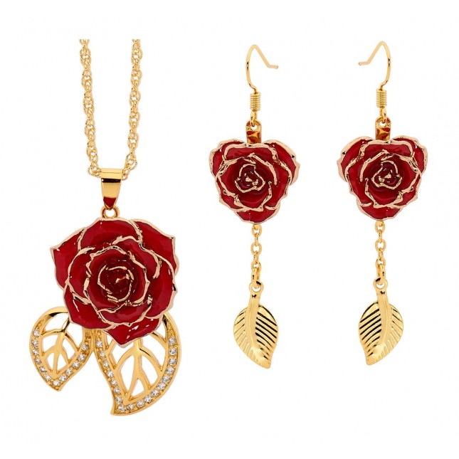  Ensemble de bijoux rose rouge. Style de feuille