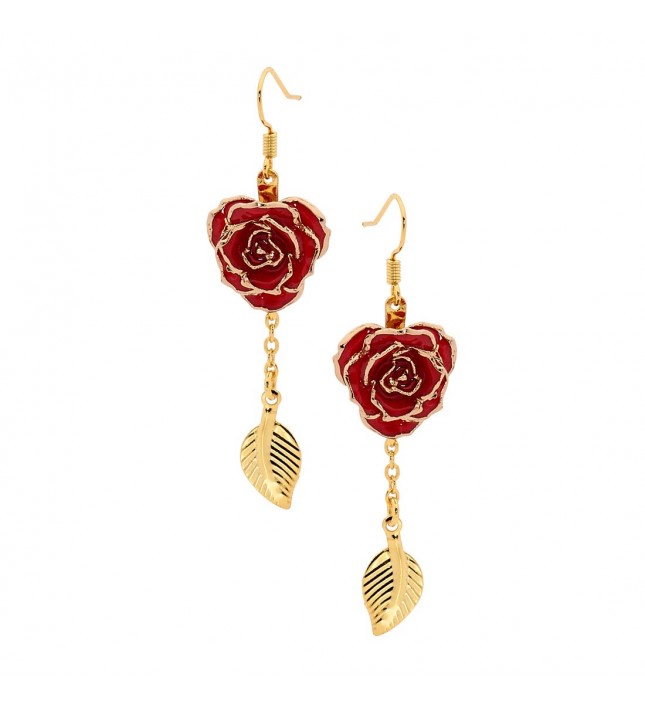 Boucles d'oreilles pétales de rose rouges. Style de feuille