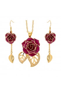  Rose trempée d'or avec ensemble de bijoux violets. Style feuille