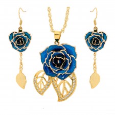 Rose trempée d'or avec ensemble de bijoux bleus. Style feuille