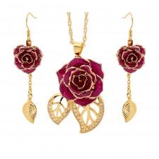  Rose trempée d'or avec ensemble de bijoux violets. Style feuille