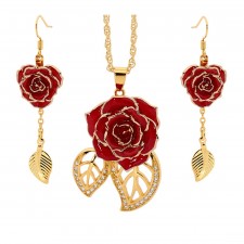  Rose trempée d'or avec ensemble de bijoux rouges. Style feuille